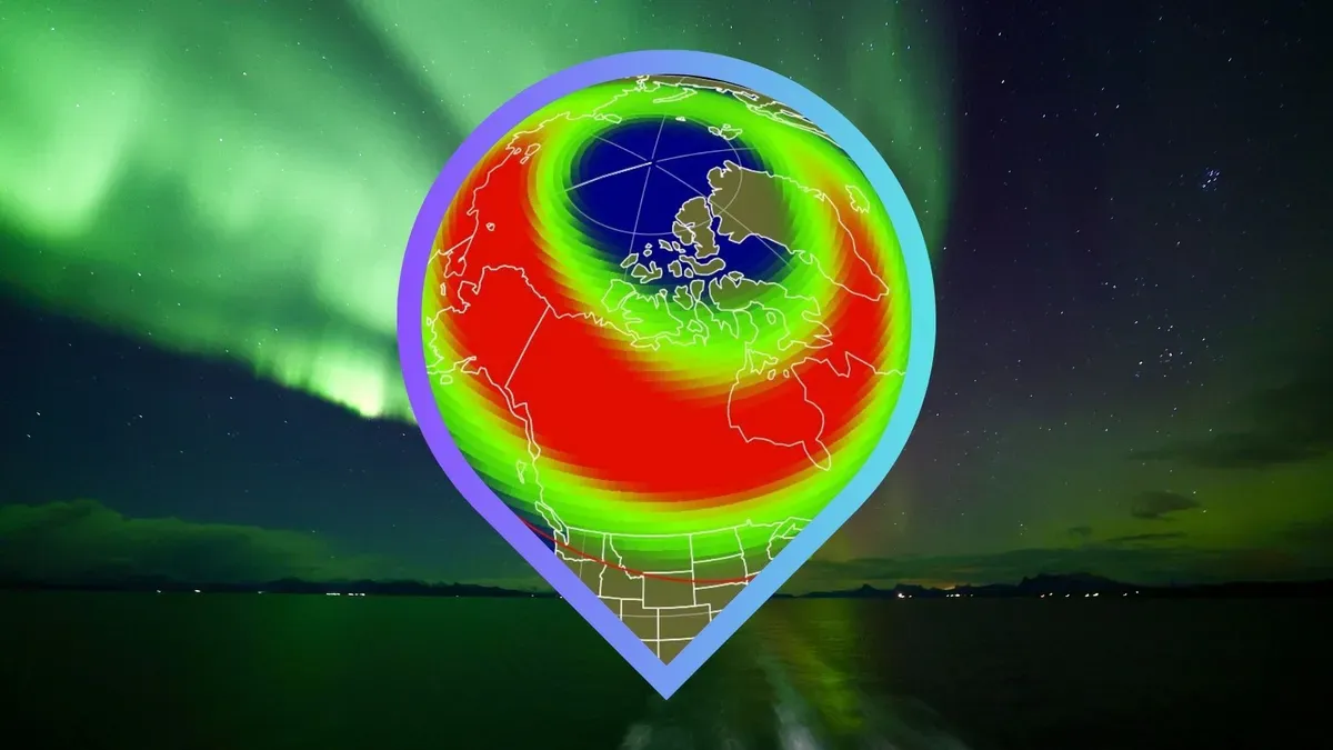 Aurora borealis over a snowy landscape with stars visible in the night sky