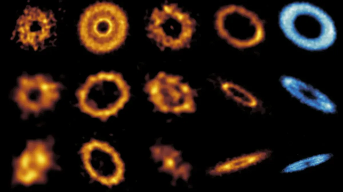ALMA's radio interferometry captures multi-ringed debris disks around young stars, showing collisional structures similar to the Kuiper Belt. Image credit: ALMA (ESO/NAOJ/NRAO).