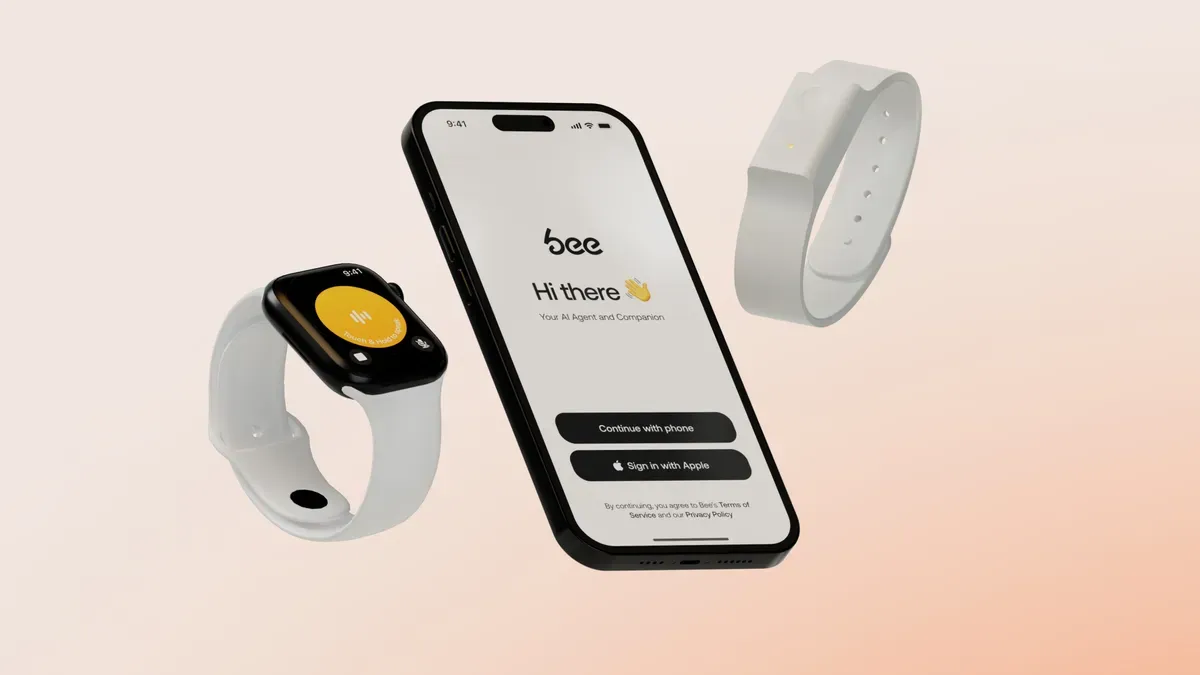 Amazon Bee wearable device shown as a clip-on pin and bracelet, highlighting its discreet design for everyday use.