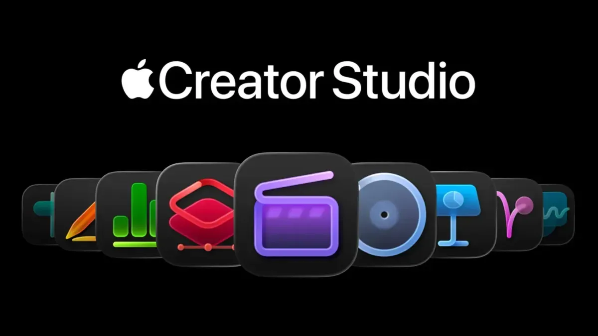 Apple Creator Studio Pro interface showing Final Cut Pro and Pixelmator Pro with AI features