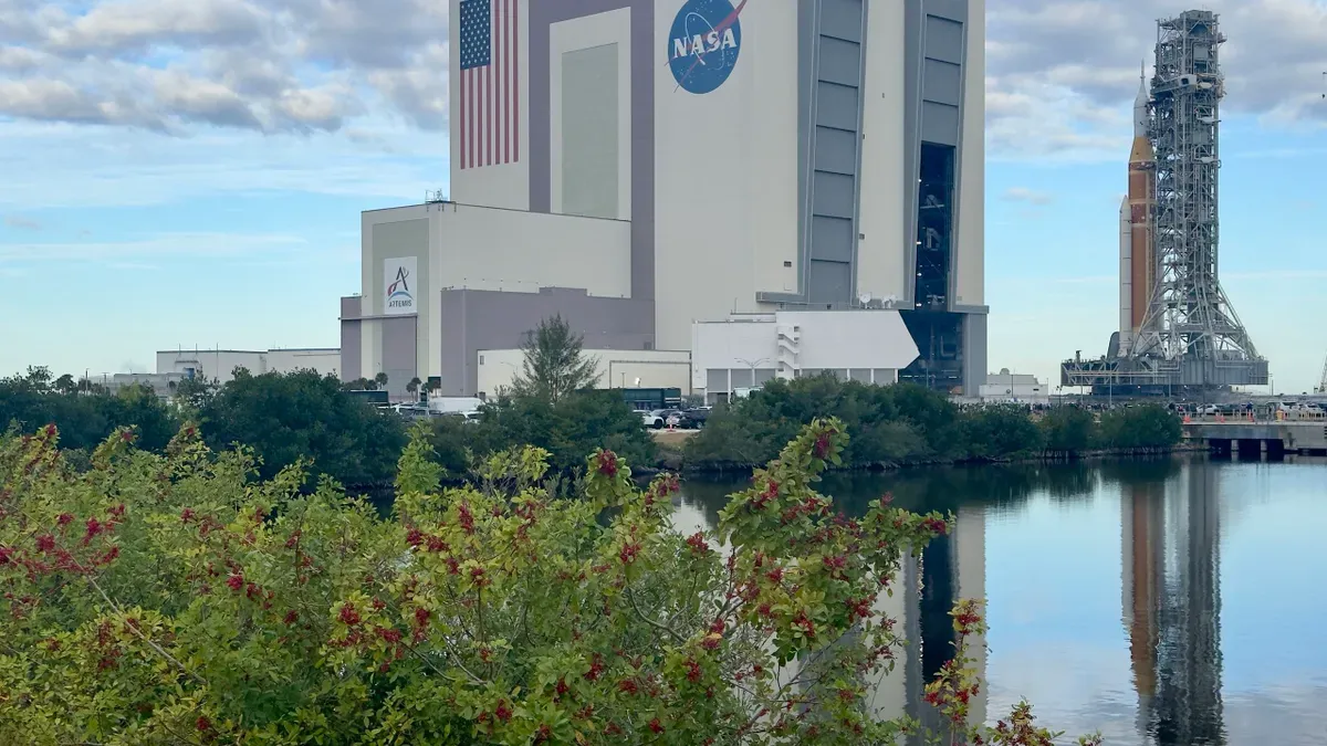 Artemis 2 rocket during rollout to launch pad at Kennedy Space Center