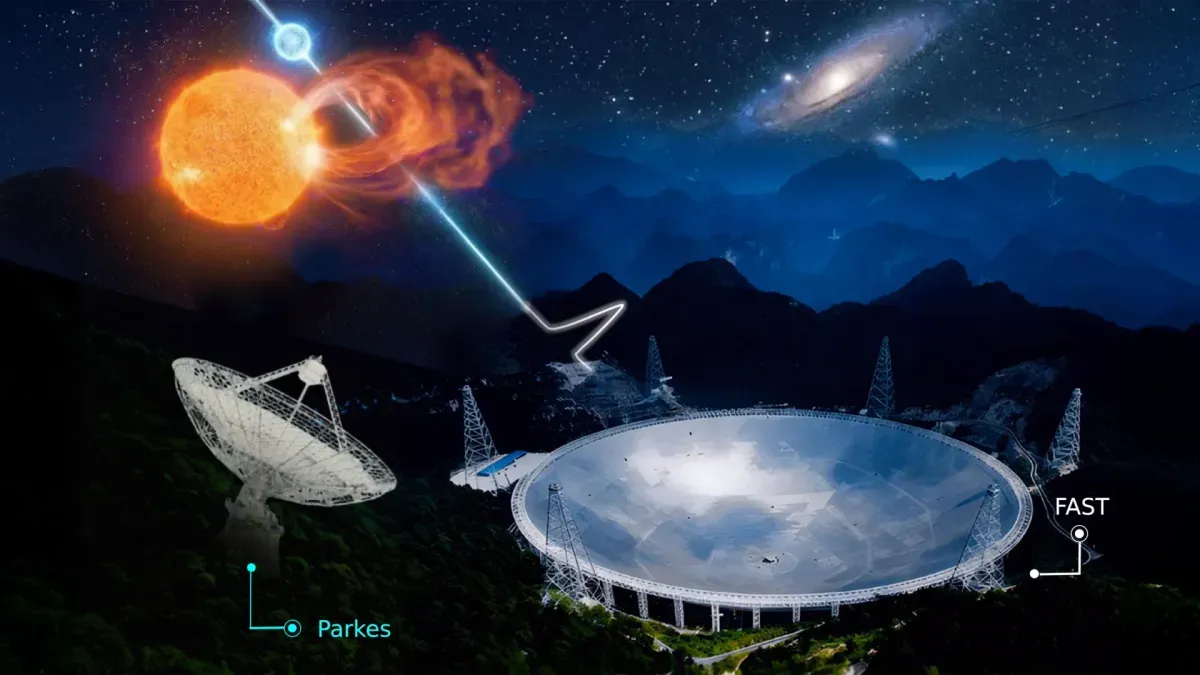 Artist's illustration of a binary star system emitting a fast radio burst