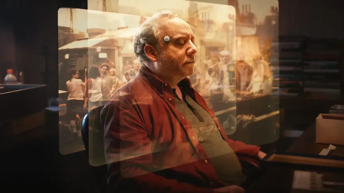 Black Mirror Season 8 poster featuring dystopian tech themes and Charlie Brooker's commentary on human emotion in a machine-like tone.