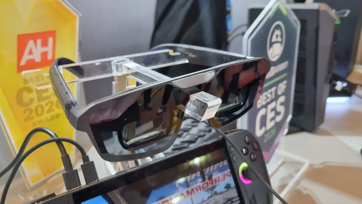 Asus ROG Xreal Micro-OLED gaming glasses with RGB strips and awkward cable placement