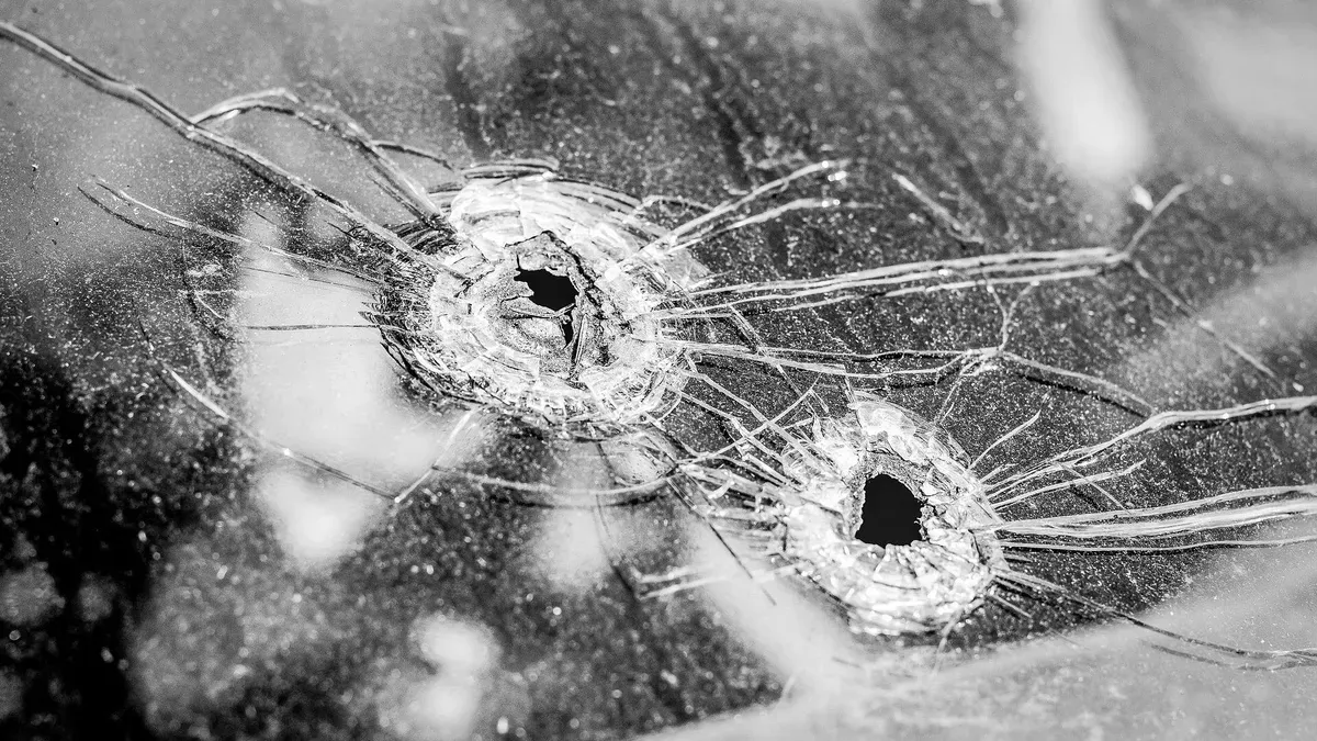 Chicago skyline with eviction notices and gunfire statistics overlay