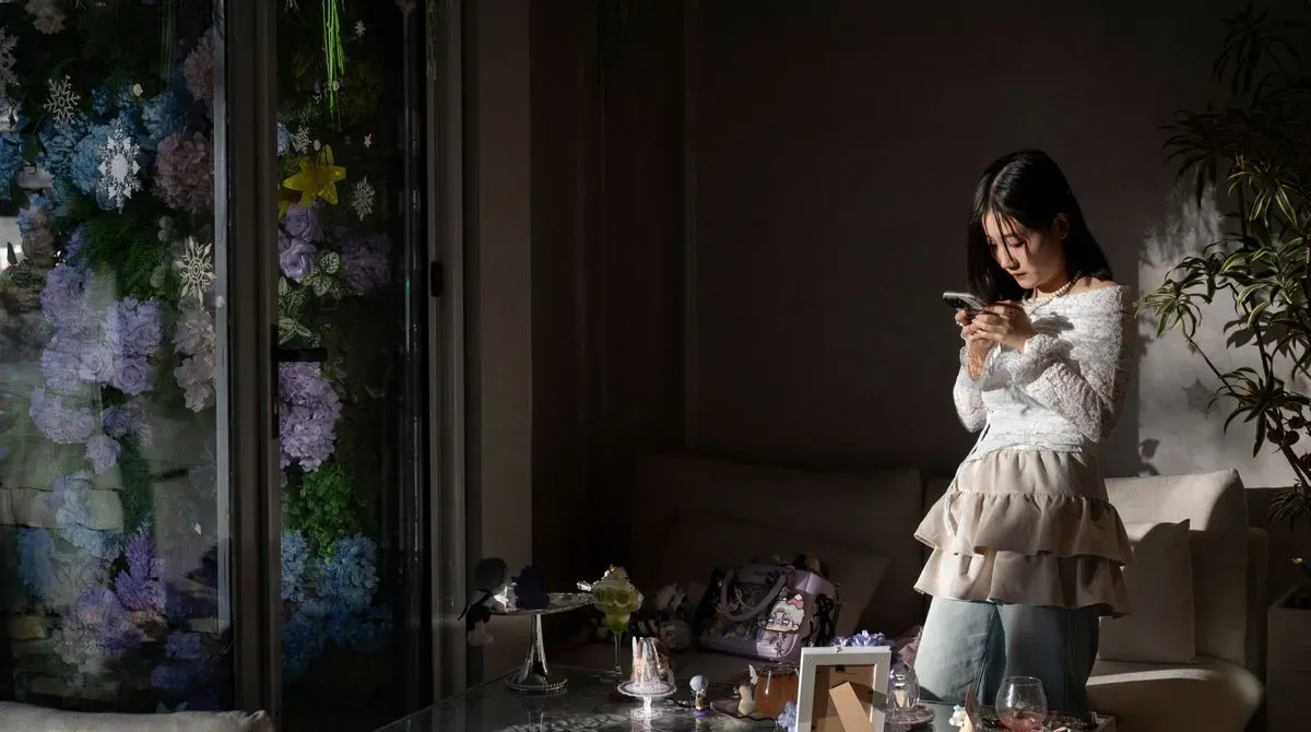 A woman interacting with an AI-generated character on a smartphone in a dimly lit room.