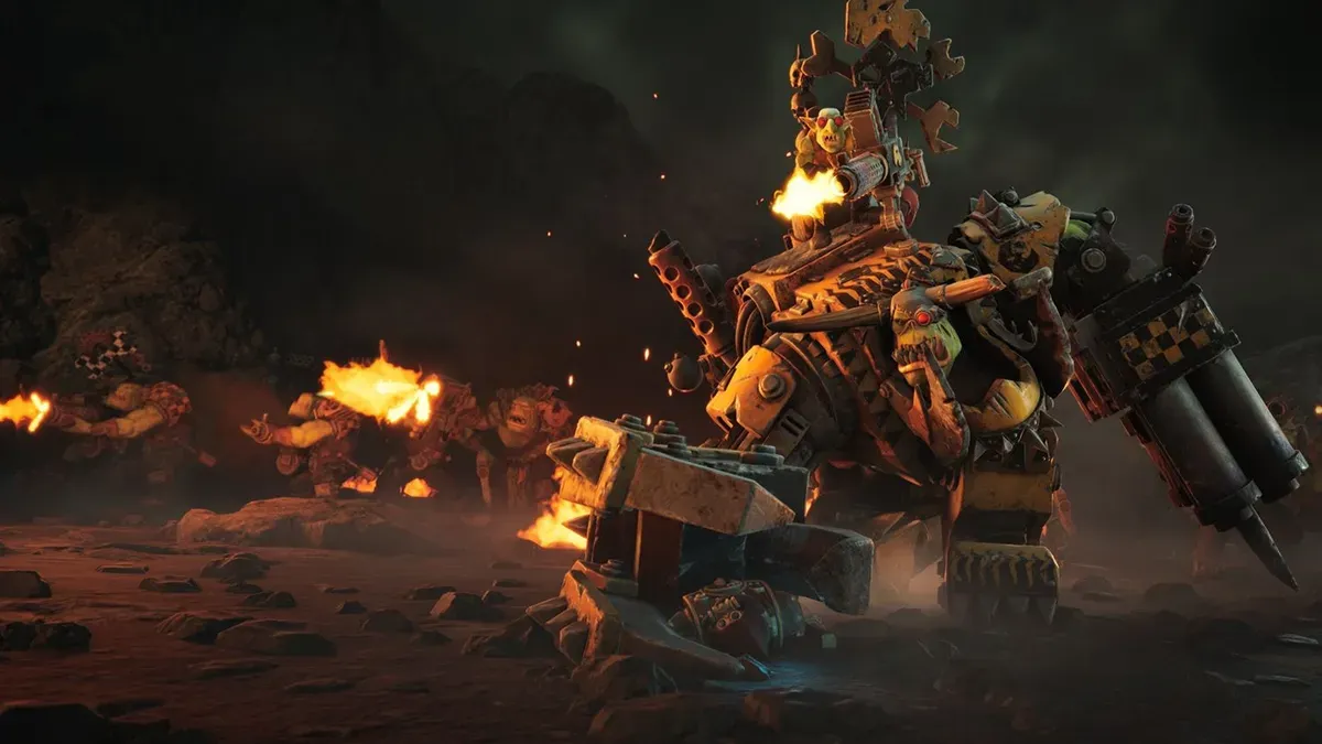 Dawn of War 4 combat director system showing orks attacking a dreadnought with synchronized animations