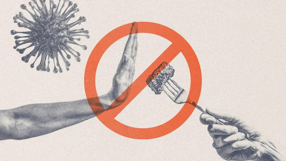 Scientific illustration of a person drinking water and eating fruits to stay healthy during illness