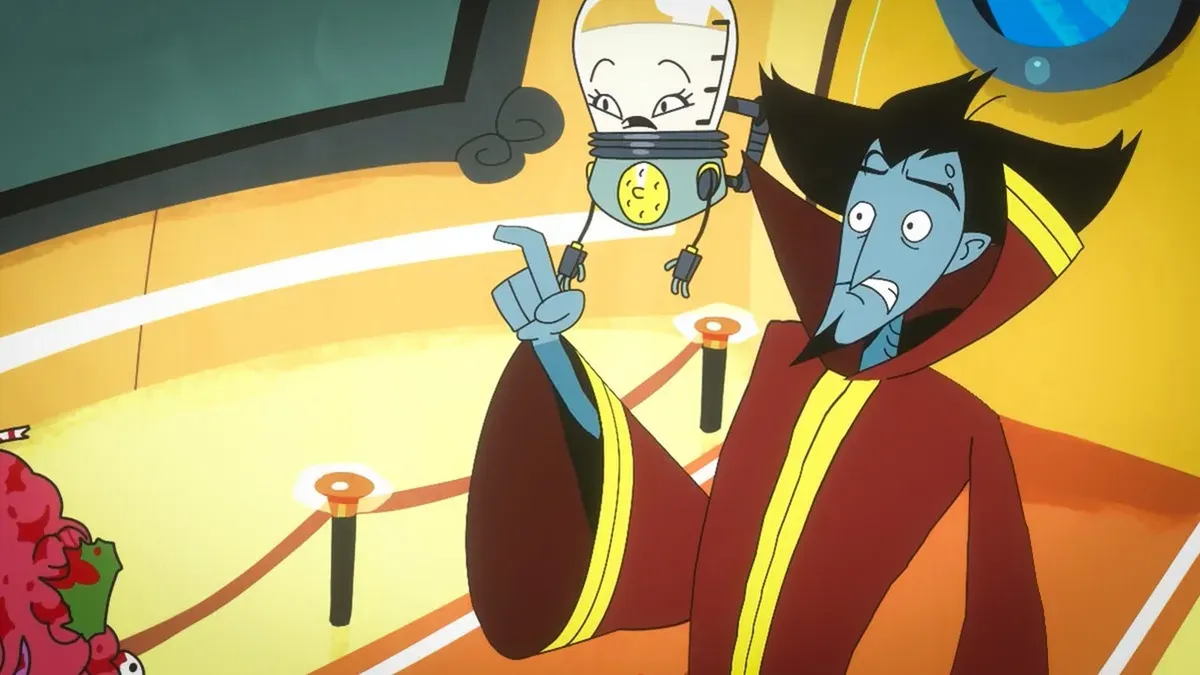 VValak Lizardtongue, the arrogant villain protagonist of Earth Must Die, smirking while floating through space.