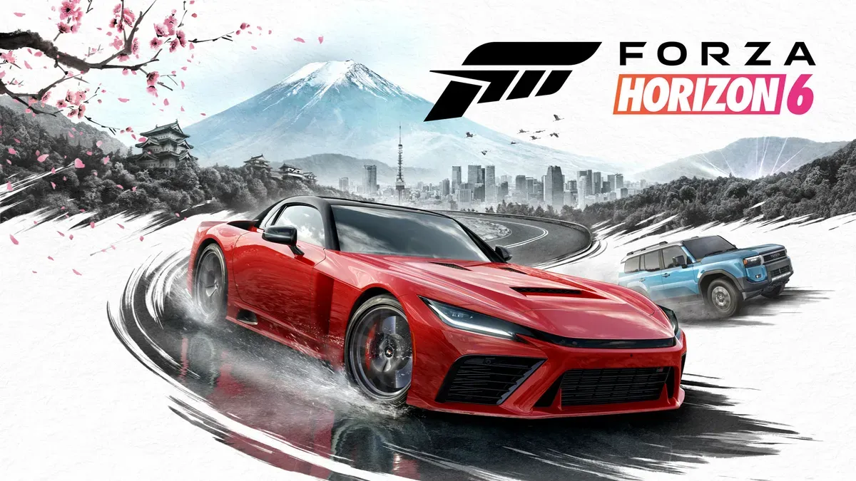 Forza Horizon 6's Japanese setting with neon lights and mountains