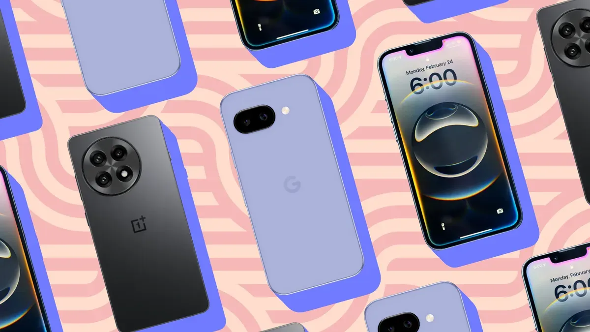 Comparison of budget smartphones including iPhone 16E, Pixel 9A, and OnePlus 13R on a table.