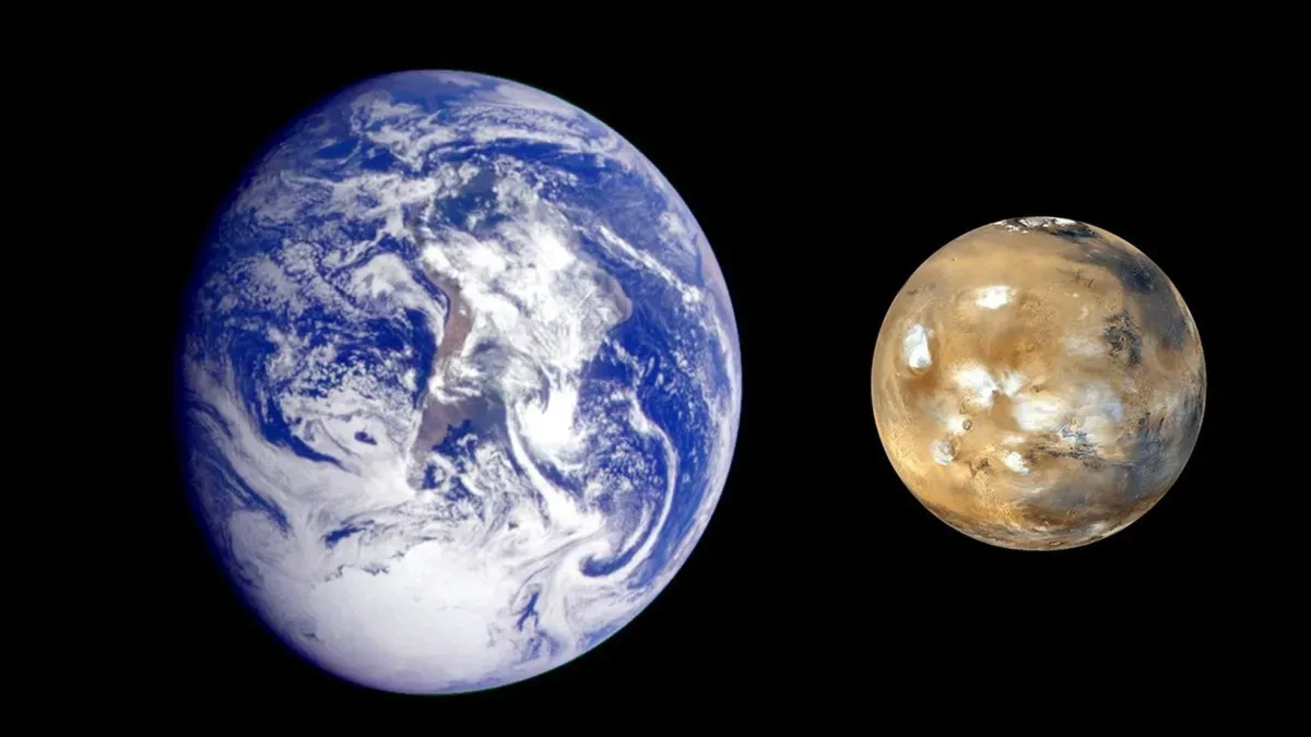 Illustration of Mars and Earth in orbital relationship, highlighting gravitational interactions affecting climate cycles