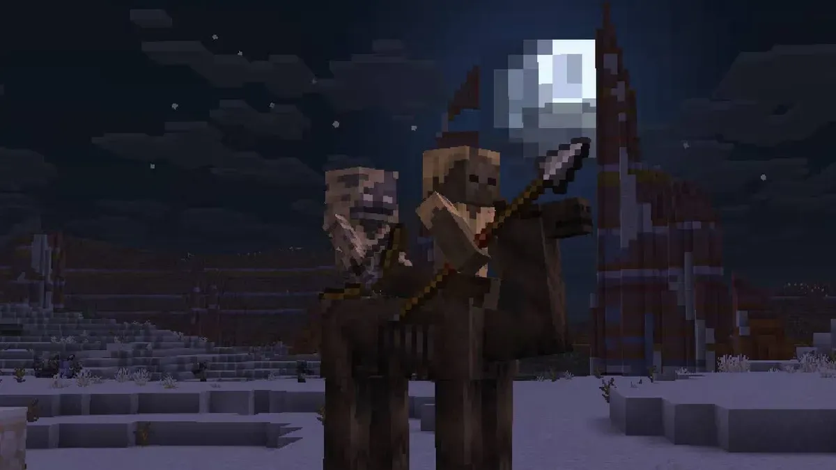 Minecraft players ride horses with particle effects through randomly generated dungeons in the new free add-on.