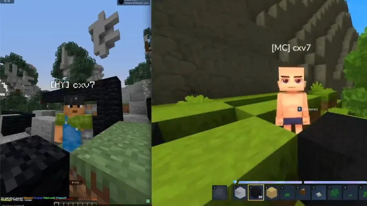 Minecraft and Hytale crossplay prototype showing synchronized block placement between the two games
