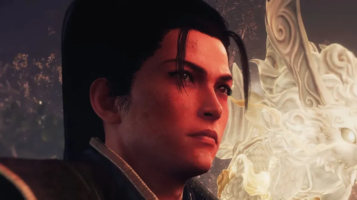 Nioh 3 gameplay screenshot showing a character in combat with dynamic camera angles and environmental effects.