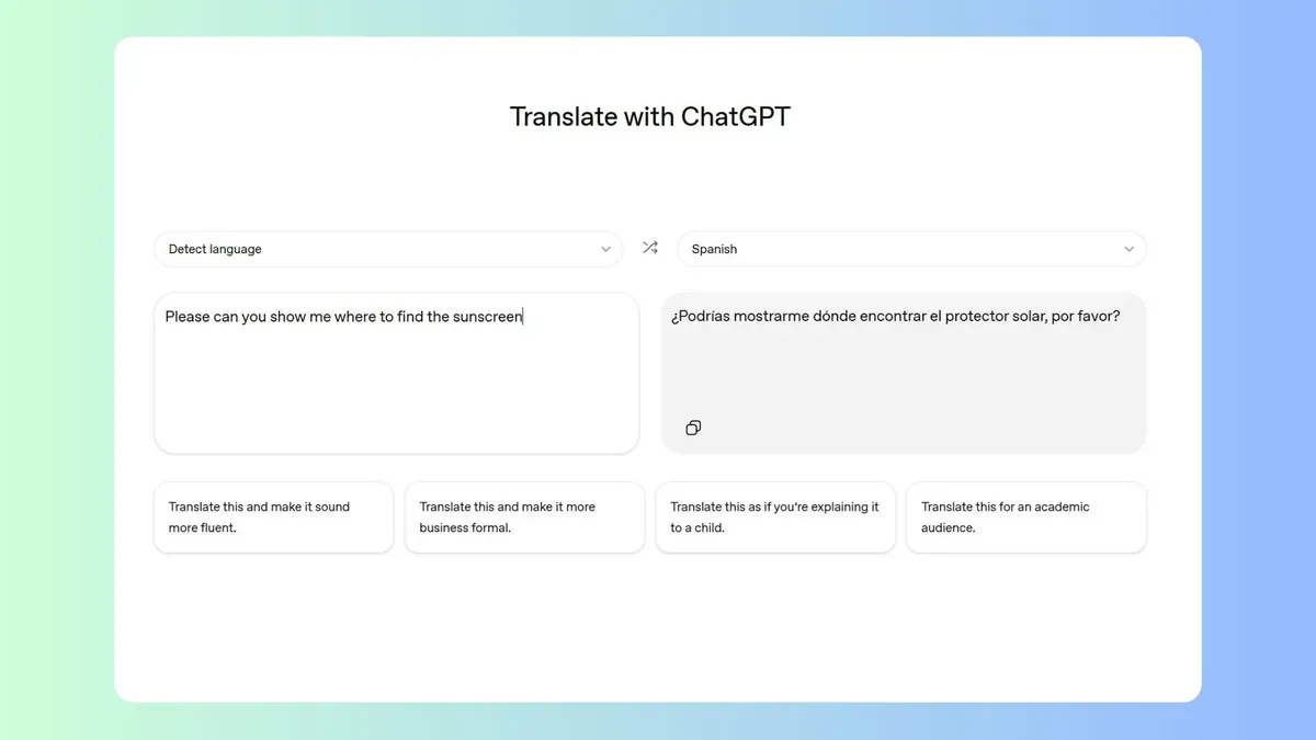 ChatGPT Translate interface showing style presets like 'business formal'