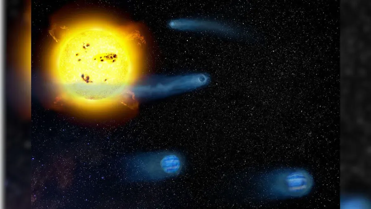 Artistic depiction of exoplanets losing atmospheres due to stellar radiation in the V1298 Tau system