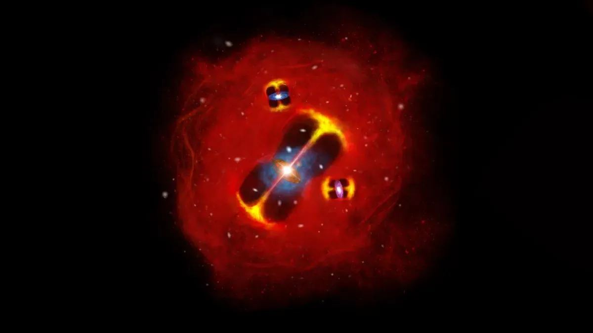 Visualization of a galaxy cluster with supermassive black holes emitting high-energy jets.