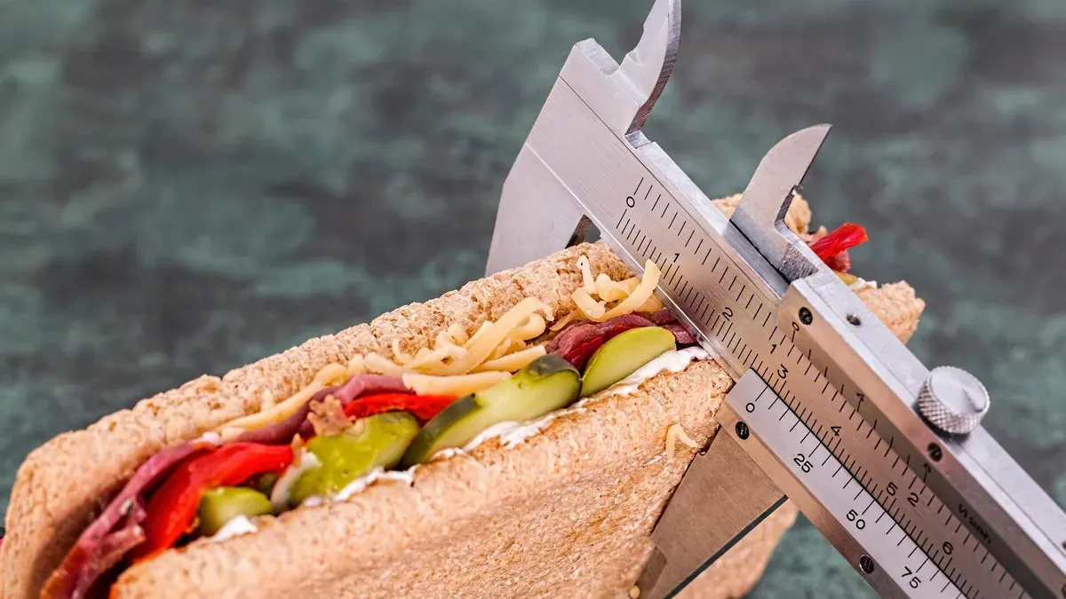 Person examining a meal on a plate with a scale nearby, highlighting dietary considerations