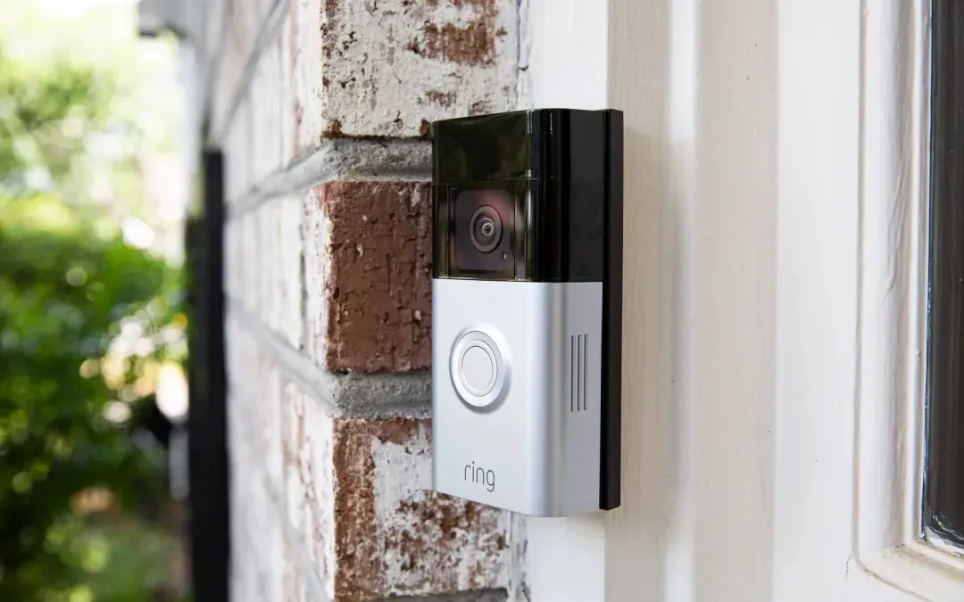 Ring camera with a 'privacy' sticker, contrasting with a Flock logo in the background