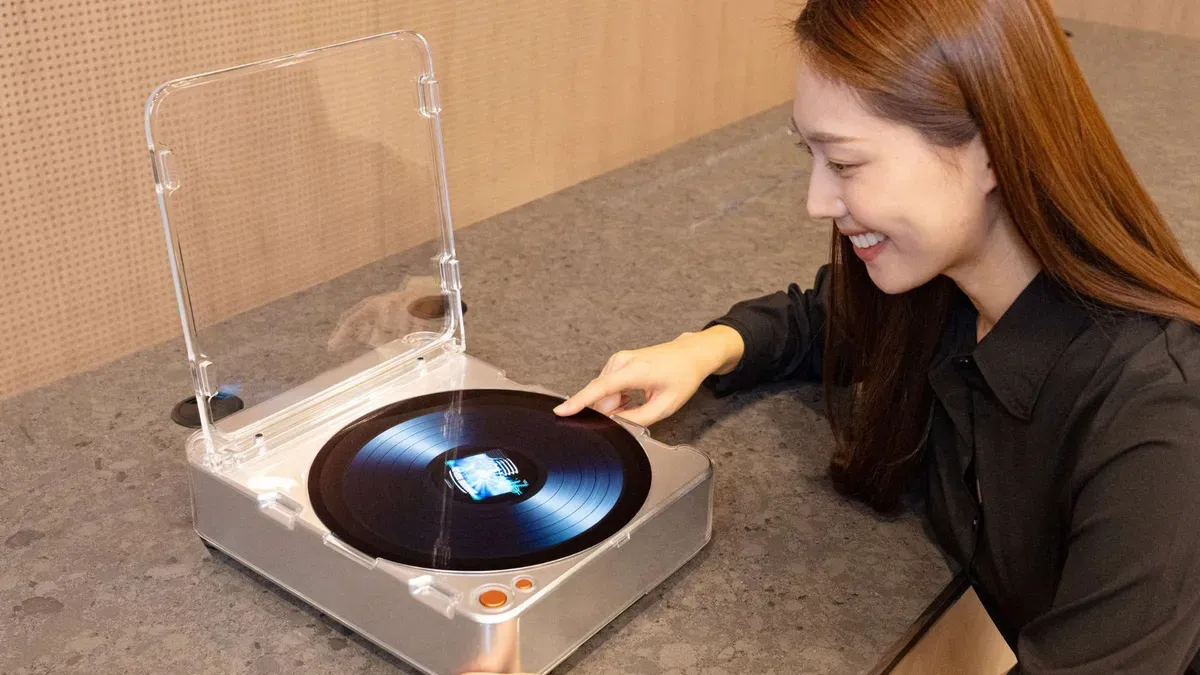 Samsung's AI OLED Cassette and Turntable with circular OLED displays at CES 2026
