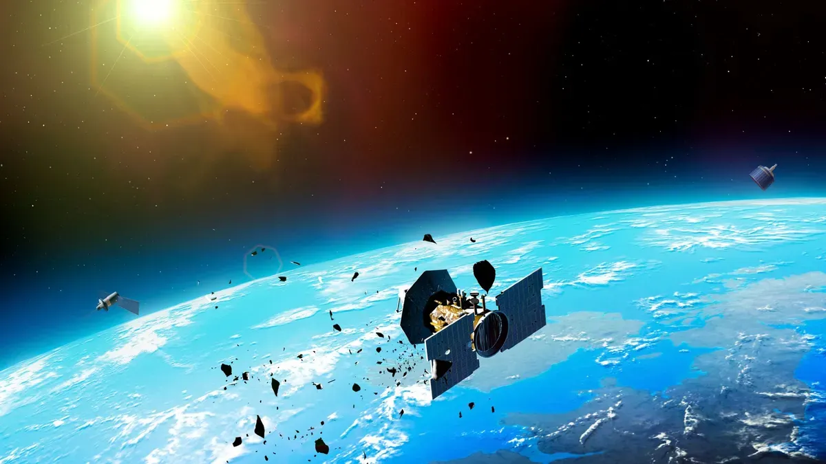 Space debris falling through Earth's atmosphere with aircraft in the background