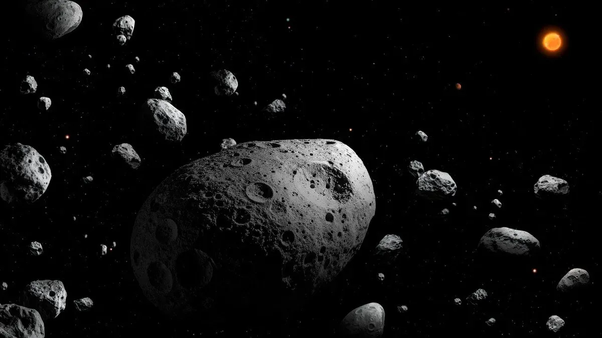 Artist's concept of asteroid 2025 MN45 spinning rapidly in the main asteroid belt between Mars and Jupiter, as observed by the Vera C. Rubin Observatory.
