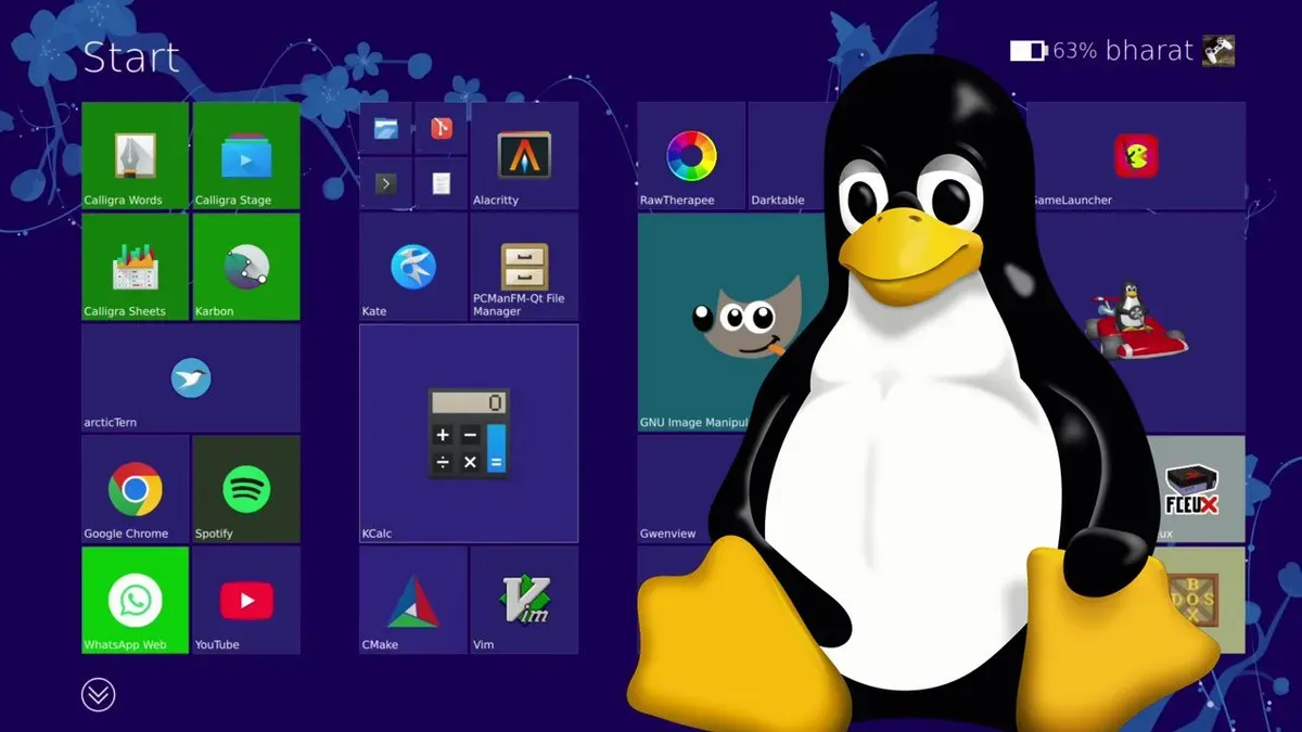 Windows 8-style tile interface running on a Linux desktop environment